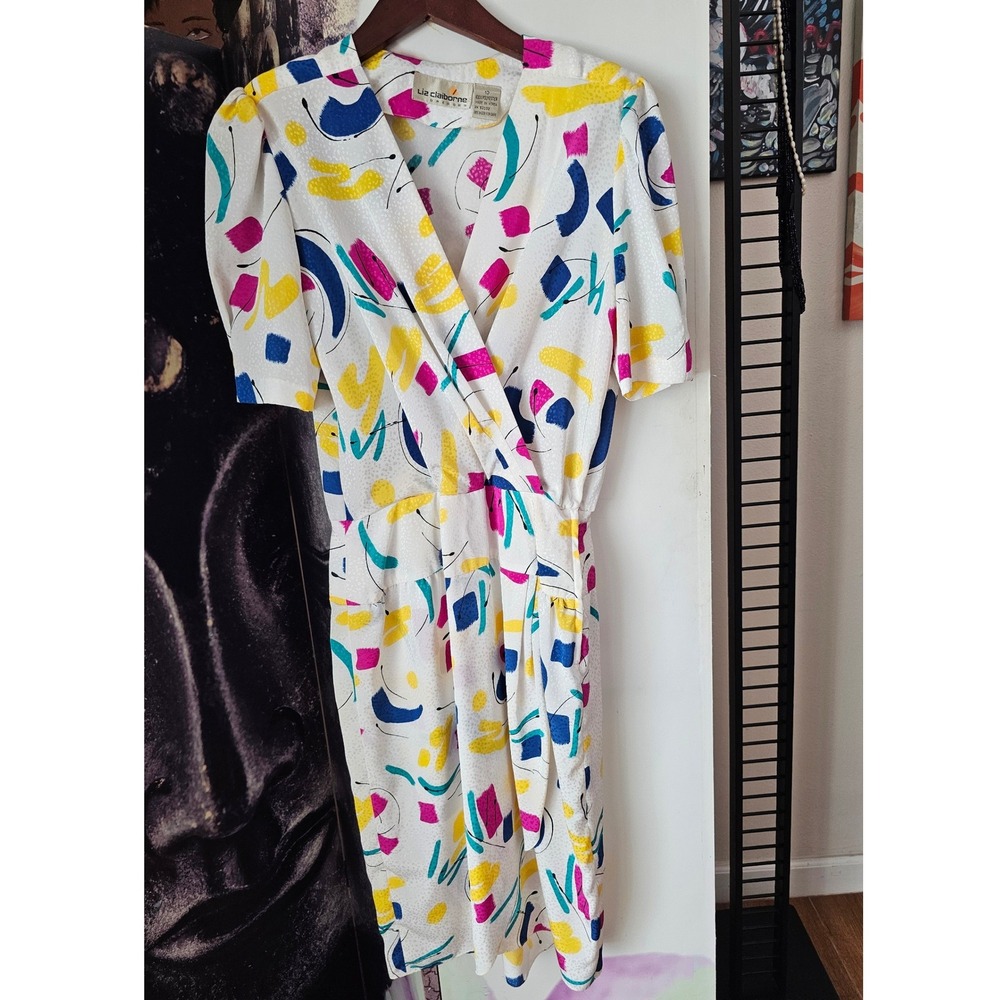 Vintage Liz Claiborne 80s Abstract Geometric Wrap Dress White Multicolor Size 10
